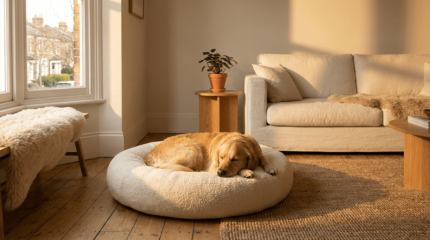 Golden retriever resting in a Pebbo donut bed in a sunlit modern living room